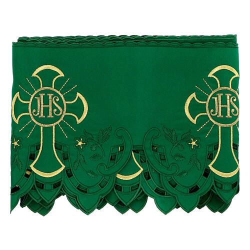 Green altar cloth frill, JHS and flowers, h 9 in 3