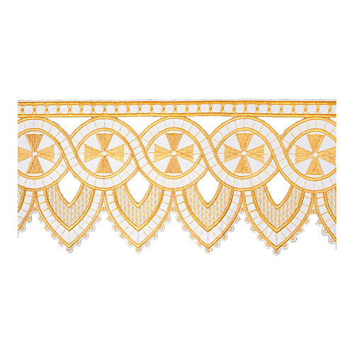 Cutwork frill for altar cloth, white and gold, crosses, h 10 in 1