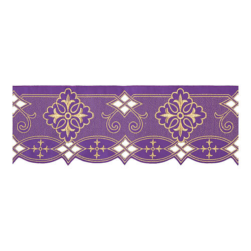 Purple trim for altar cloth with golden cutwork embroidery, crosses and geometric pattern, h 3.5 in 1