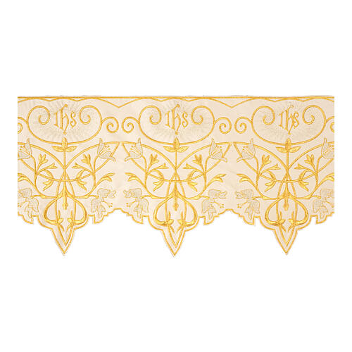 Altar cloth trim with flowers and IHS, h 10 in, ivory-coloured polyester 1