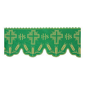 Olive green altar table cloth trim JHS grain crosses h 20 cm