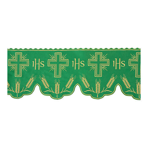 Olive green altar table cloth trim JHS grain crosses h 20 cm 1