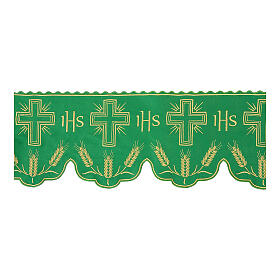 Green altar cloth trim with JHS, wheat and crosses, h 12 in