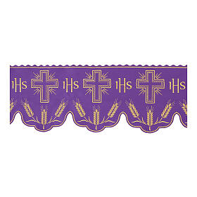 Purple altar cloth trim with JHS, ears of wheat and crosses, h 12 in