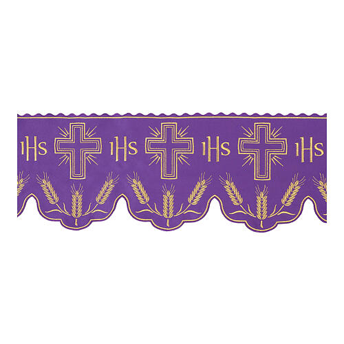 Purple altar cloth trim with JHS, ears of wheat and crosses, h 12 in 1