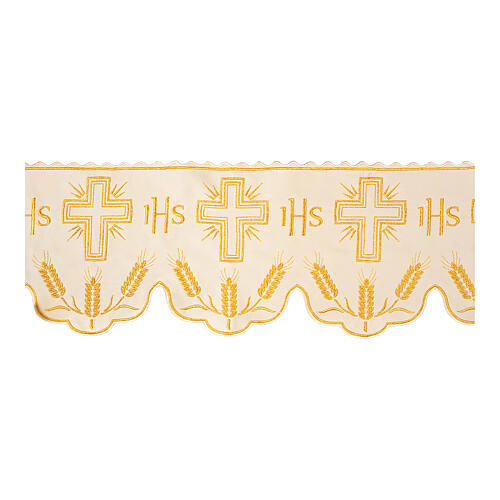 Ivory-coloured altar cloth trim with JHS, ears of wheat and crosses, h 8 in 1