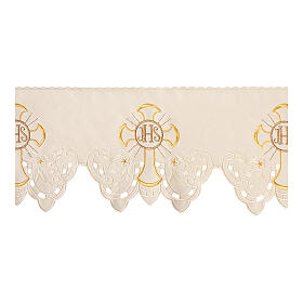 Trim with cross, JHS and floral pattern for altar cloth, ivory-coloured polyester, h 9 in