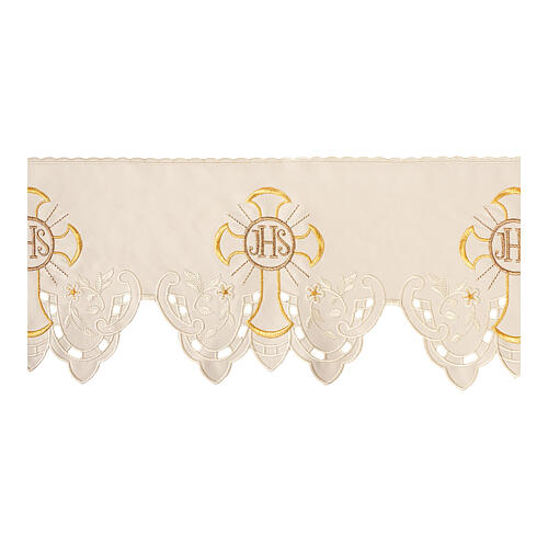 Trim with cross, JHS and floral pattern for altar cloth, ivory-coloured polyester, h 9 in 1