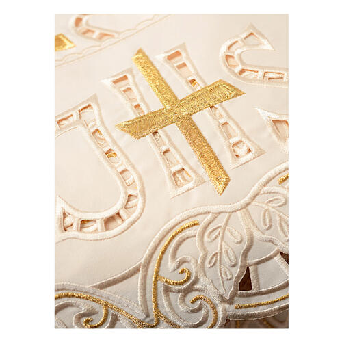 Ivory-coloured trim for altar cloth with golden cross and cutwork IHS, h 7.5 in 2