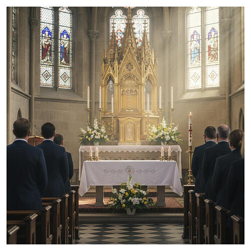 Altar cloth with JHS embroidery and Eucharistic chalice 2