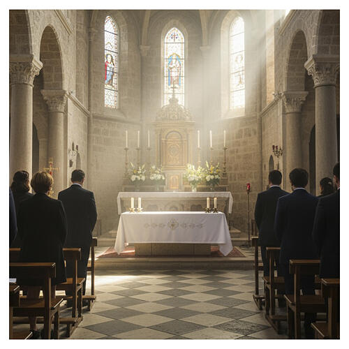 Mantel de altar con bordado JHS y cáliz eucarístico 4