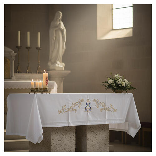 Tovaglia d'altare Mariana con monogramma MA Incoronato 160x300 cm 2