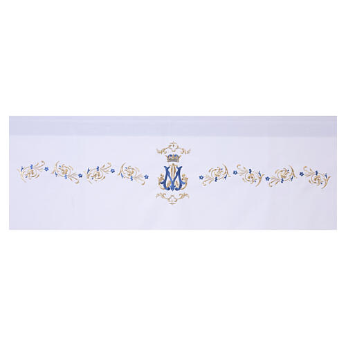 Nappe d'autel mariale 160x300 cm fleurs latérales bleu ciel et monogramme MA 5