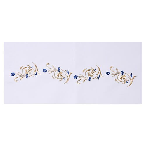 Tovaglia 160x300 cm d'altare Mariana con fiori laterali celeste e monogramma 6