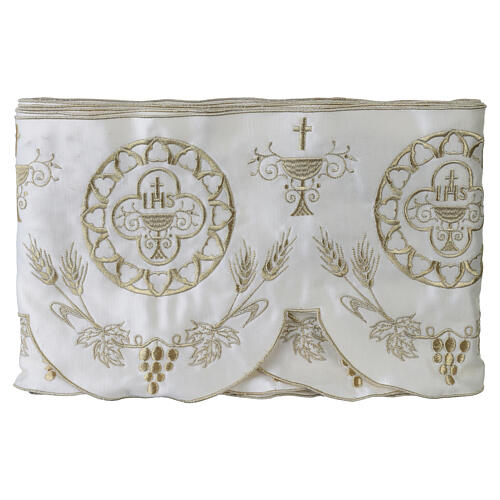 Balza d'altare con ricamo calice JHS spighe e uva dorata euro/mt 4