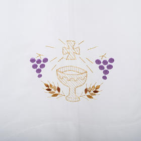 White alb in cotton, chalice, grapes, ears of wheat