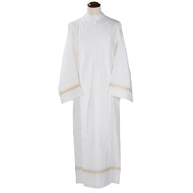 Monastic Alb with embroidered gold motif, white cotton