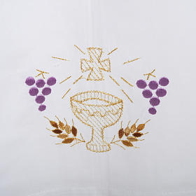 White alb in wool, chalice, grapes, earis of wheat