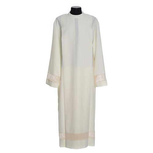 Ivory alb in polyester embroidered on sleeves with lace bands 1
