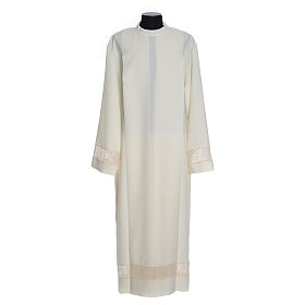 Deacon alb with embroidered on sleeves with lace bands in polyester, ivory