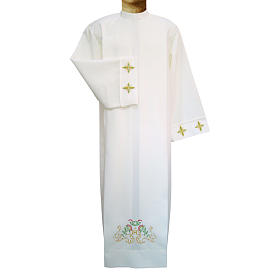 Deacon Alb with crosses and floral embroidery in polyester, ivory color