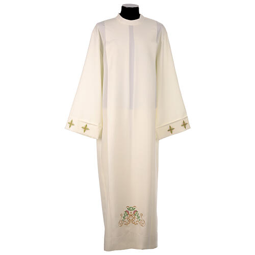 Deacon Alb with crosses and floral embroidery in polyester, ivory color 1