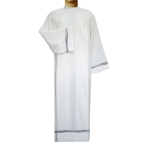 Catholic Alb, wool polyester hand embroidered gigliuccio hemstitch in ivory 1