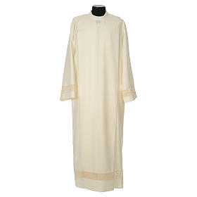 Clergy Alb with lace bands in polyester shoulder zipper, ivory