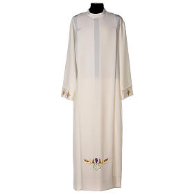 Ivory alb in polyester with cross, wheat and grapes embroideries