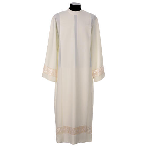 Ivory alb in polyester with golden lace bands 1