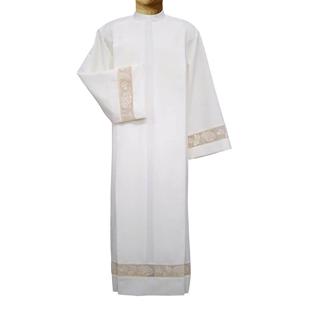 Clerical alb in polyester with golden lace bands, ivory | online sales ...