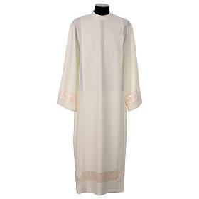 Clerical alb in polyester with golden lace bands, ivory