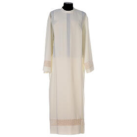 Deacon Alb with red lace bands in polyester, ivory