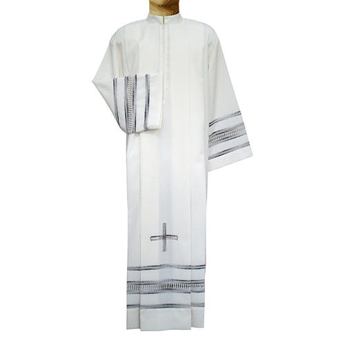 Clerical Alb in wool and polyester hand embroidered papal cross gigliuccio in Ivory 1