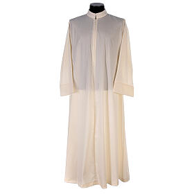 Simple Priest Alb in cotton and polyester, with zipper on front, ivory