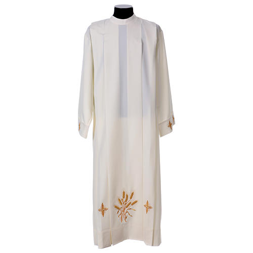 Monastic pleated alb with shoulder zipper cross and wheat in polyester 1