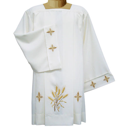 Ivory surplice in polyester with crosses and wheat, 4 pleats 1