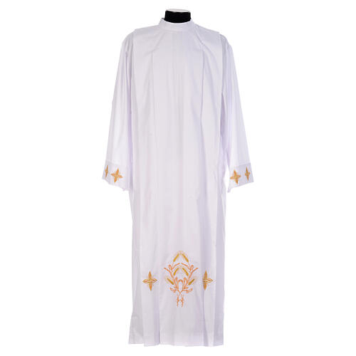 White alb, 65% polyester and 35% cotton, crosses and wheat 1