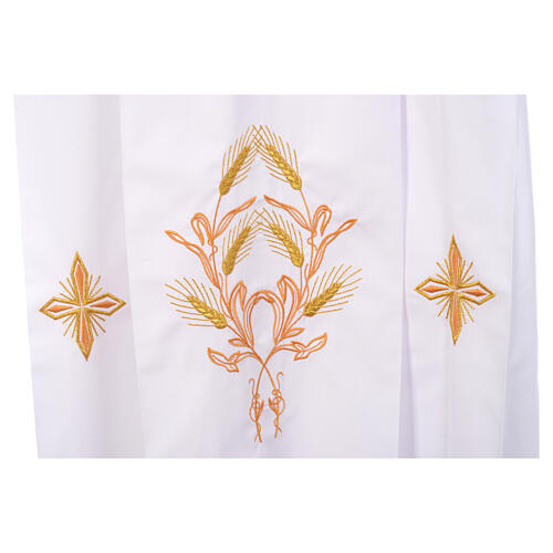 White alb, 65% polyester and 35% cotton, crosses and wheat 4