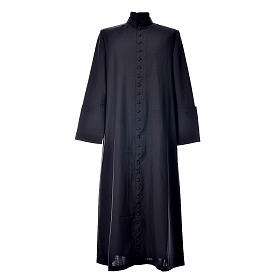 Black cassock in pure wool with covered buttons
