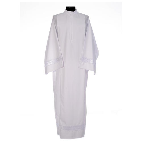 Clerical Alb with macramé on hem and sleeves in cotton blend 1