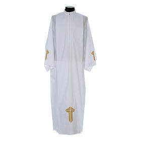 White alb with pleats and embroidered cross on hem and sleeves in cotton mix