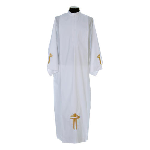 White alb with pleats and embroidered cross on hem and sleeves in cotton mix 1