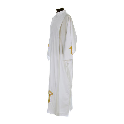 White alb with pleats and embroidered cross on hem and sleeves in cotton mix 2