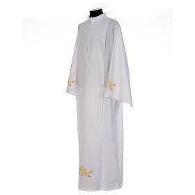 White alb with pleats and embroidered cross, grapes and wheat in cotton mix