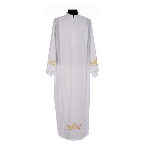 White alb with pleats and embroidered cross, grapes and wheat in cotton mix 1