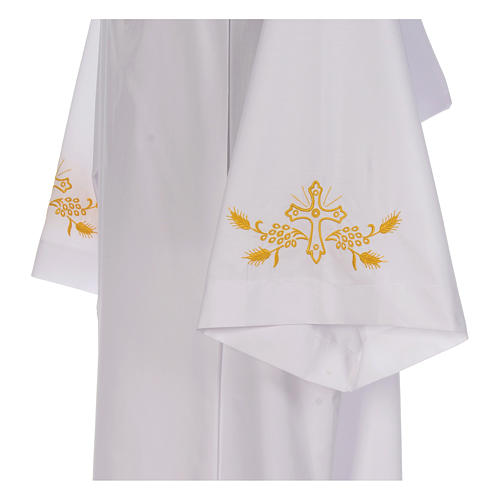 White alb with pleats and embroidered cross, grapes and wheat in cotton mix 4