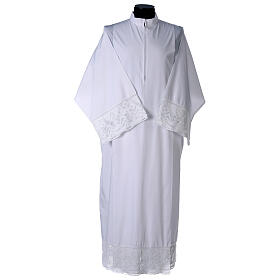 White alb, pleated with crochet hem and chalice, cotton mix