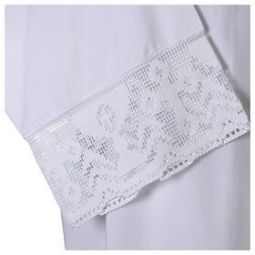 White alb, pleated with crochet hem and chalice, cotton mix