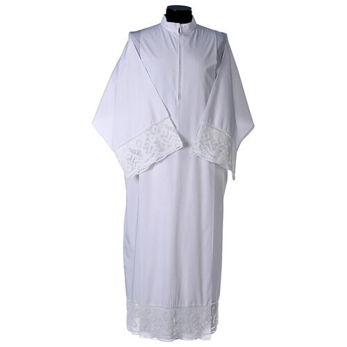 Catholic alb, pleated with crochet hem and chalice, cotton mix 1